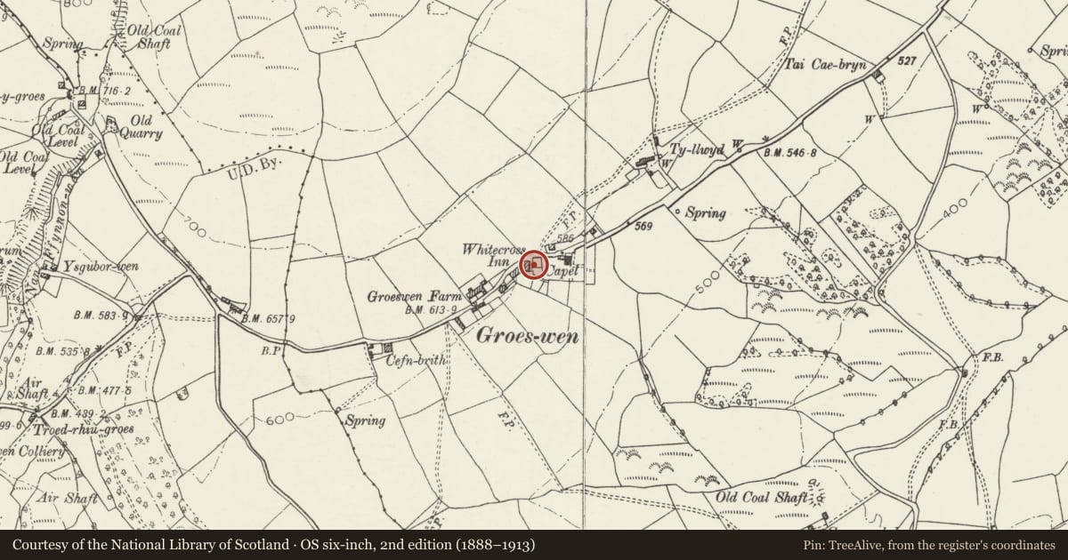 Ordnance Survey six-inch map, 2nd edition (1888–1913) covering the location of Telephone Call-Box, Penyrheol, Trecenydd and Energlyn, Caerphilly, with a pin at the register's coordinates
