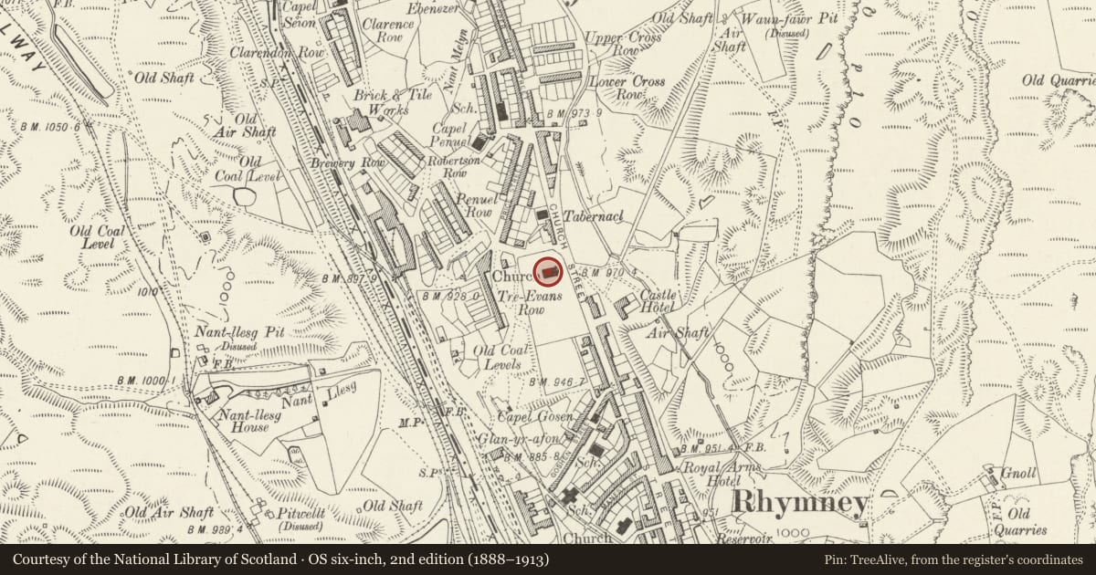 Ordnance Survey six-inch map, 2nd edition (1888–1913) covering the location of Church of St David, Rhymney, Caerphilly, with a pin at the register's coordinates