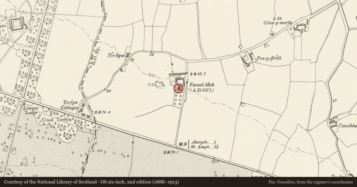 Ordnance Survey six-inch map, 2nd edition (1888–1913) covering the location of Faenol-bach with Domestic Boundary Walls, Bodelwyddan, Denbighshire, with a pin at the register's coordinates