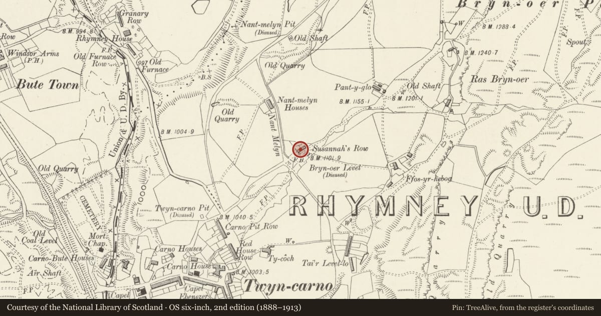 Ordnance Survey six-inch map, 2nd edition (1888–1913) covering the location of 1-4 Susannah Houses (consec), Rhymney, Caerphilly, with a pin at the register's coordinates
