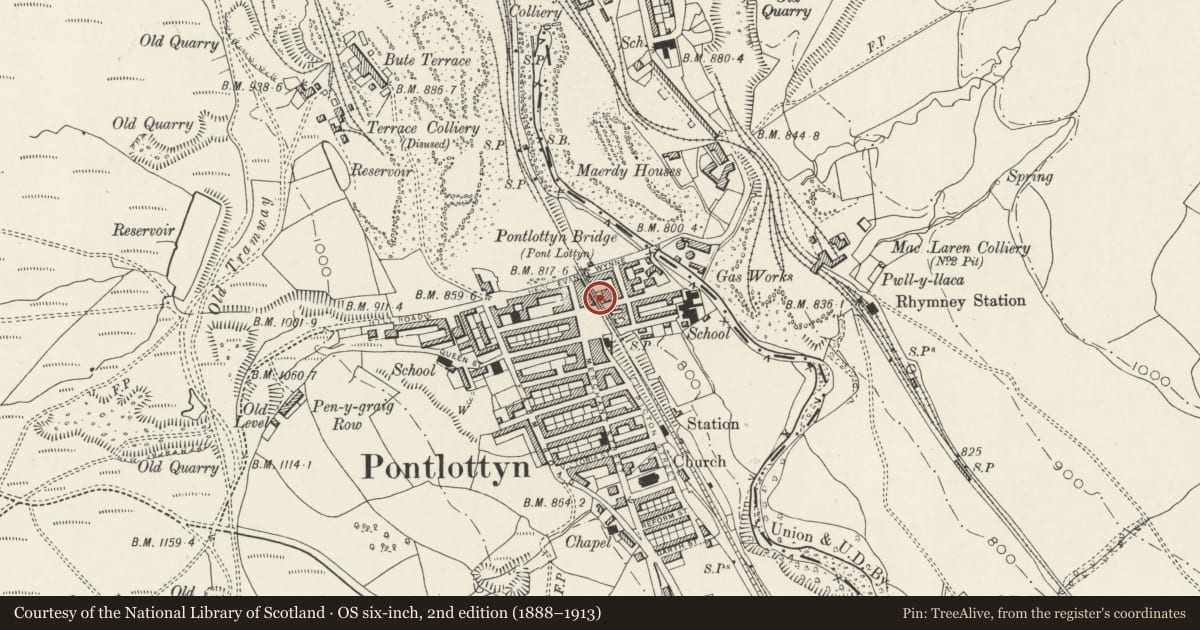 Ordnance Survey six-inch map, 2nd edition (1888–1913) covering the location of Railway Viaduct, Rhymney, Caerphilly, with a pin at the register's coordinates