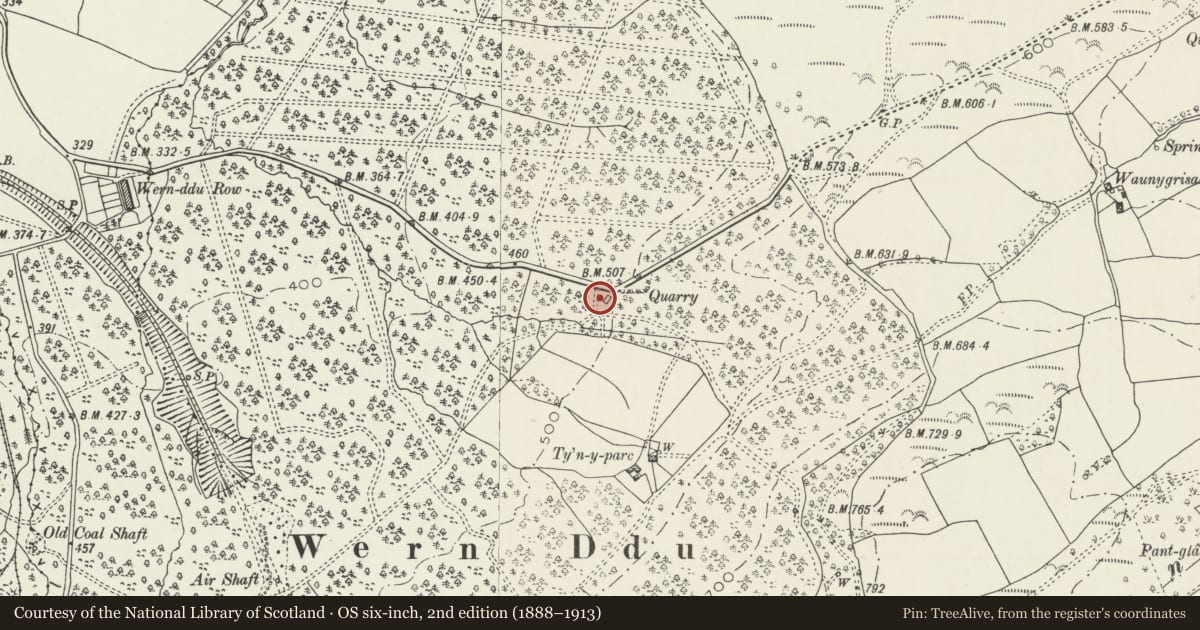 Ordnance Survey six-inch map, 2nd edition (1888–1913) covering the location of Lime Kilns on Van Road, Rudry, Caerphilly, with a pin at the register's coordinates