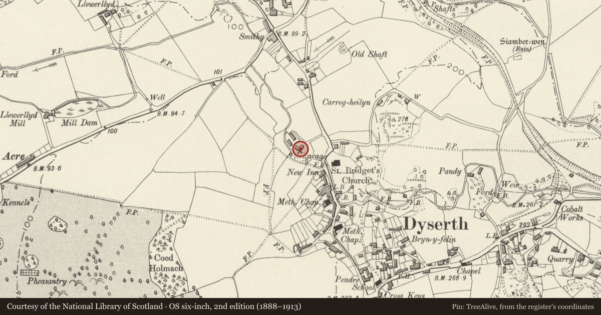Ordnance Survey six-inch map, 2nd edition (1888–1913) covering the location of The Old Manor (Dyserth Care Hotel), Denbighshire, with a pin at the register's coordinates