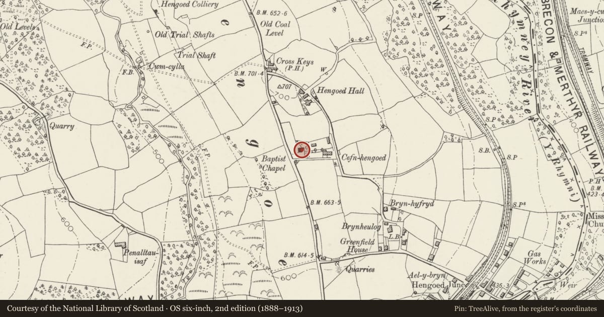 Ordnance Survey six-inch map, 2nd edition (1888–1913) covering the location of Capel Hengoed (also known as Hengoed Baptist Chapel), Gelligaer, Caerphilly, with a pin at the register's coordinates