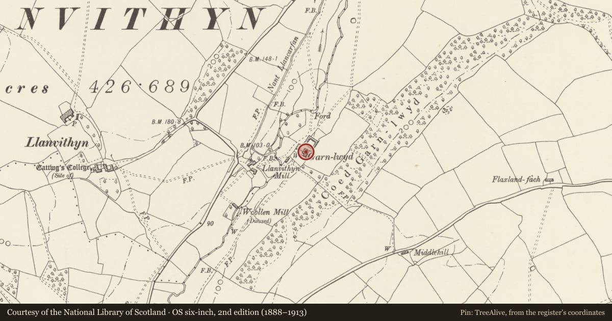 Ordnance Survey six-inch map, 2nd edition (1888–1913) covering the location of Garnllwyd Farmhouse, Llancarfan, Vale of Glamorgan, with a pin at the register's coordinates