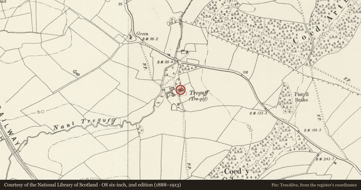 Ordnance Survey six-inch map, 2nd edition (1888–1913) covering the location of Treguff Farmhouse, Llancarfan, Vale of Glamorgan, with a pin at the register's coordinates