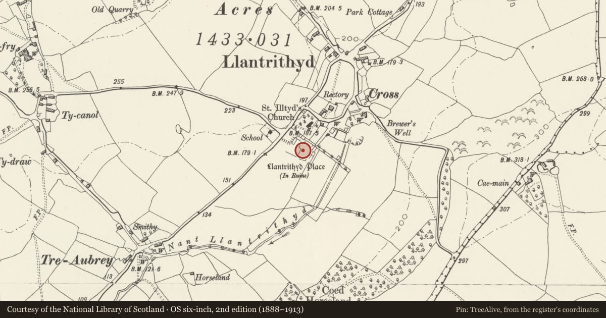 Ordnance Survey six-inch map, 2nd edition (1888–1913) covering the location of Ruins of Llantrithyd Place, Llancarfan, Vale of Glamorgan, with a pin at the register's coordinates