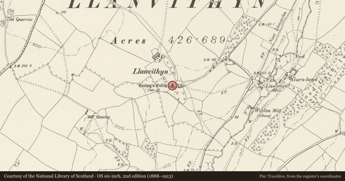 Ordnance Survey six-inch map, 2nd edition (1888–1913) covering the location of Llanfythin Farmhouse, Llancarfan, Vale of Glamorgan, with a pin at the register's coordinates