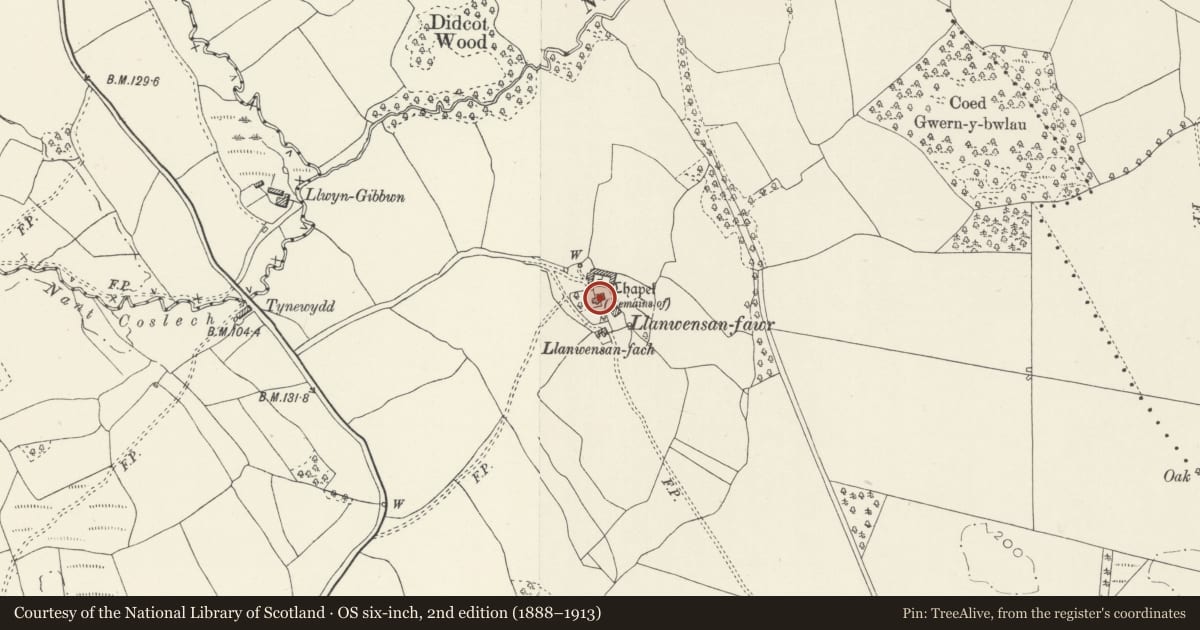 Ordnance Survey six-inch map, 2nd edition (1888–1913) covering the location of Llanwensan Fawr Farmhouse, Peterston-super-Ely, Vale of Glamorgan, with a pin at the register's coordinates