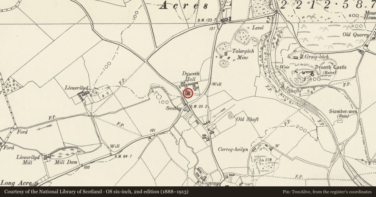 Ordnance Survey six-inch map, 2nd edition (1888–1913) covering the location of Dyserth Hall, Denbighshire, with a pin at the register's coordinates