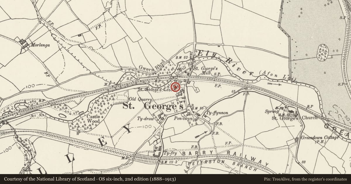 Ordnance Survey six-inch map, 2nd edition (1888–1913) covering the location of Castle Farmhouse, St. Georges-super-Ely, Vale of Glamorgan, with a pin at the register's coordinates