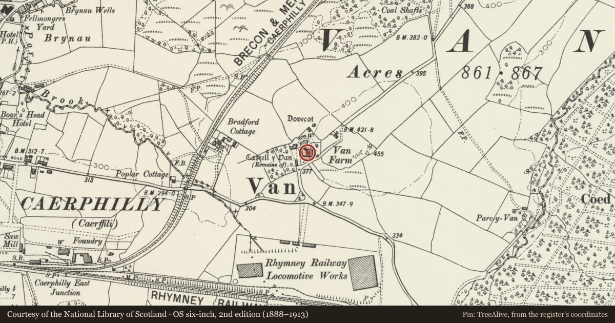 Ordnance Survey six-inch map, 2nd edition (1888–1913) covering the location of Van House, Caerphilly, with a pin at the register's coordinates