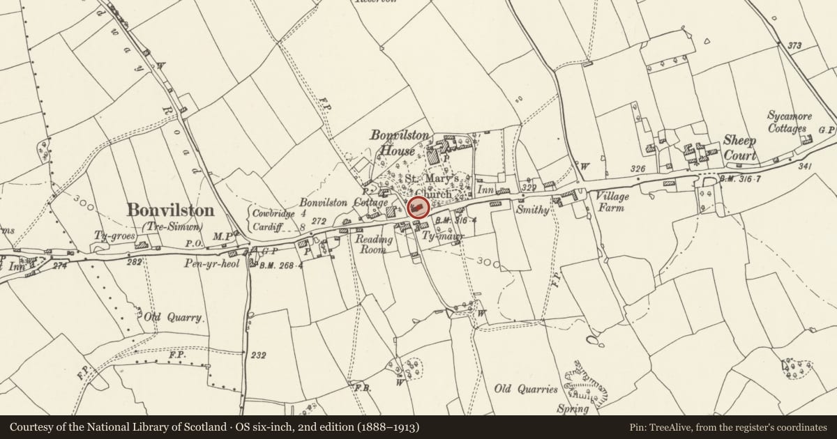 Ordnance Survey six-inch map, 2nd edition (1888–1913) covering the location of Parish Church of St Mary the Virgin, St. Nicholas and Bonvilston, Vale of Glamorgan, with a pin at the register's coordinates