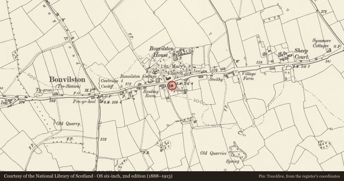 Ordnance Survey six-inch map, 2nd edition (1888–1913) covering the location of Ty Mawr (Great House), St. Nicholas and Bonvilston, Vale of Glamorgan, with a pin at the register's coordinates