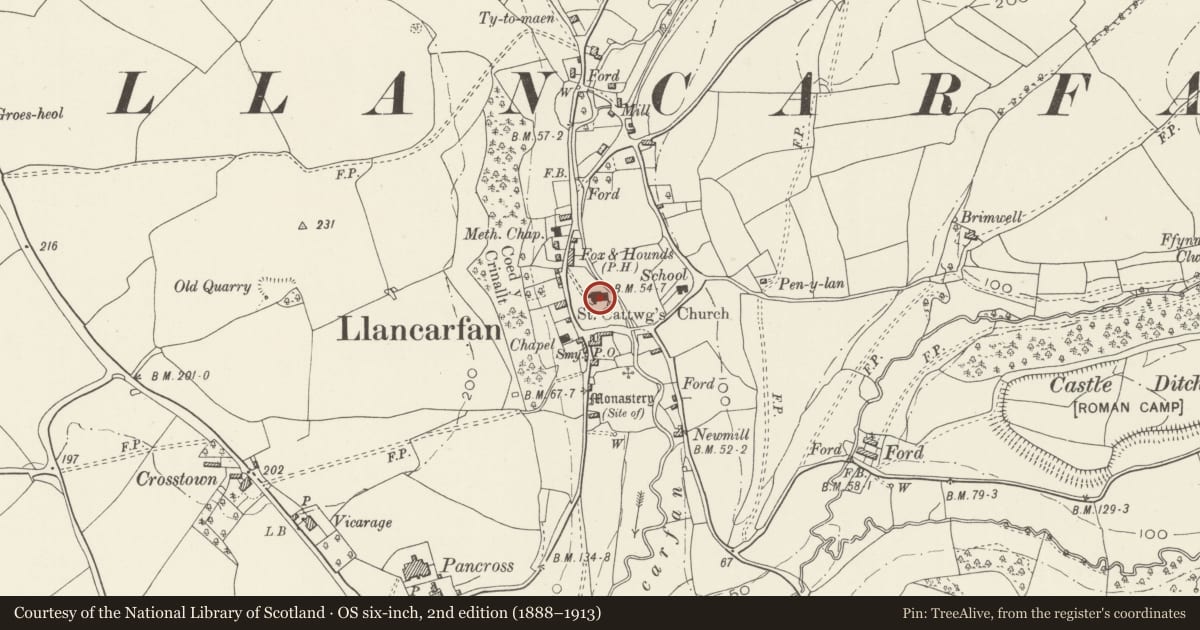 Ordnance Survey six-inch map, 2nd edition (1888–1913) covering the location of St Cadoc's Parish Church, Llancarfan, Vale of Glamorgan, with a pin at the register's coordinates