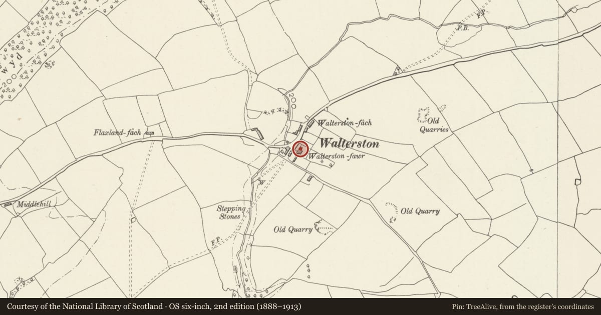 Ordnance Survey six-inch map, 2nd edition (1888–1913) covering the location of Trewallter Fawr Farmhouse, Llancarfan, Vale of Glamorgan, with a pin at the register's coordinates
