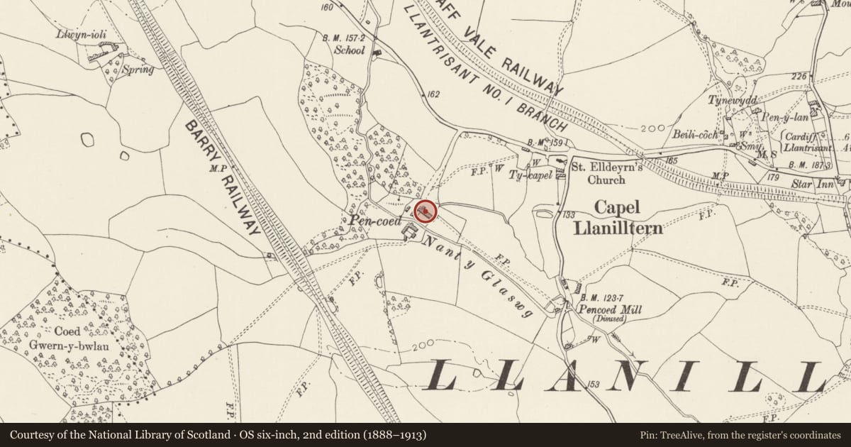 Ordnance Survey six-inch map, 2nd edition (1888–1913) covering the location of Pencoed, Pentyrch, Cardiff, with a pin at the register's coordinates