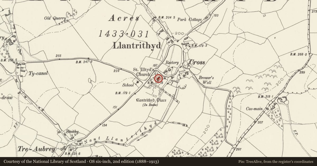 Ordnance Survey six-inch map, 2nd edition (1888–1913) covering the location of St Illtyd's Parish Church, Llancarfan, Vale of Glamorgan, with a pin at the register's coordinates
