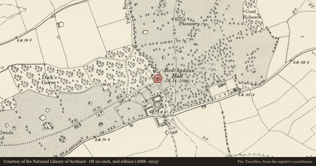 Ordnance Survey six-inch map, 2nd edition (1888–1913) covering the location of Bodrhyddan Hall, Rhuddlan, Denbighshire, with a pin at the register's coordinates