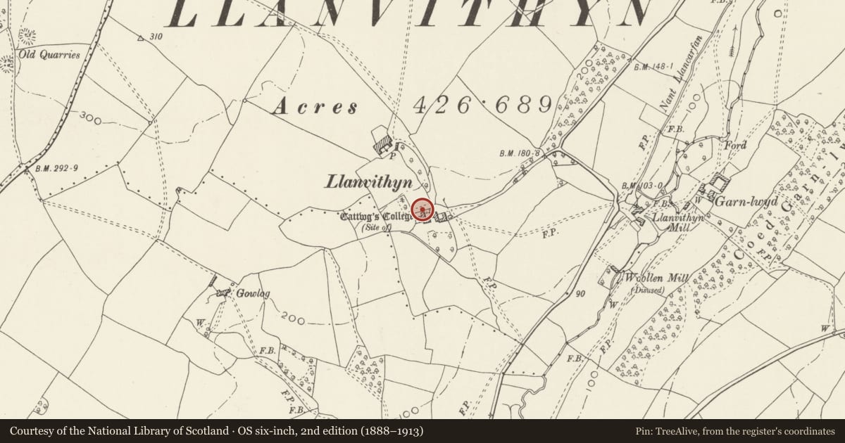 Ordnance Survey six-inch map, 2nd edition (1888–1913) covering the location of Gatehouse at Llanfythin Farmhouse, Llancarfan, Vale of Glamorgan, with a pin at the register's coordinates