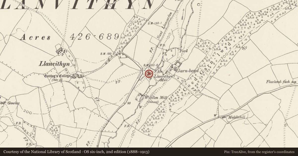 Ordnance Survey six-inch map, 2nd edition (1888–1913) covering the location of Llanfythin Mill, Llancarfan, Vale of Glamorgan, with a pin at the register's coordinates