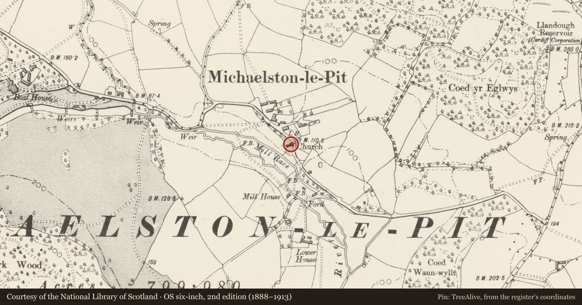 Ordnance Survey six-inch map, 2nd edition (1888–1913) covering the location of Church of St Michael, Michaelston-le-Pit and Leckwith, Vale of Glamorgan, with a pin at the register's coordinates