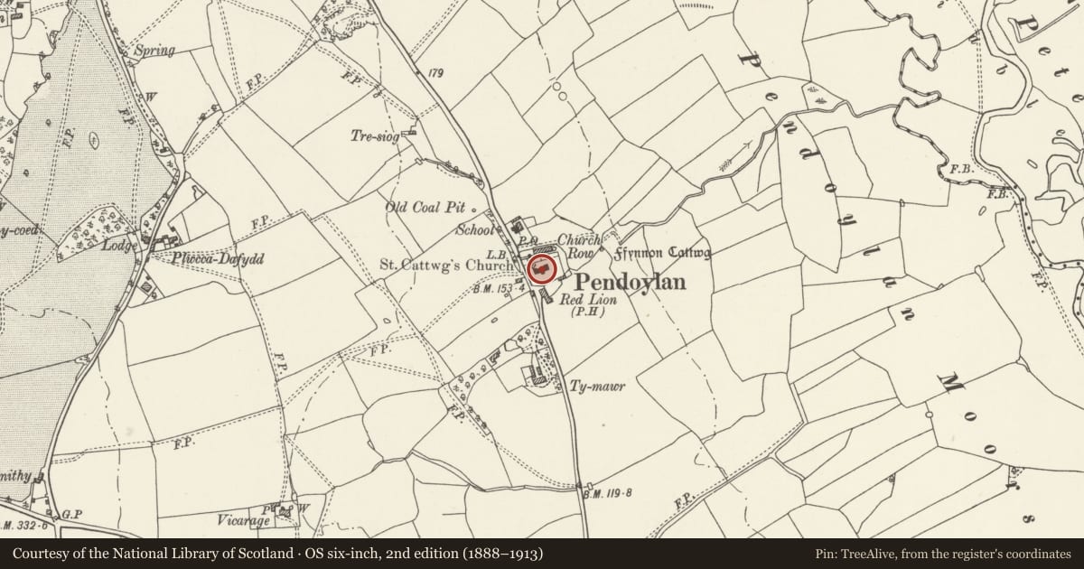 Ordnance Survey six-inch map, 2nd edition (1888–1913) covering the location of Church of St Cadoc (St Cattwg), Pendoylan, Vale of Glamorgan, with a pin at the register's coordinates