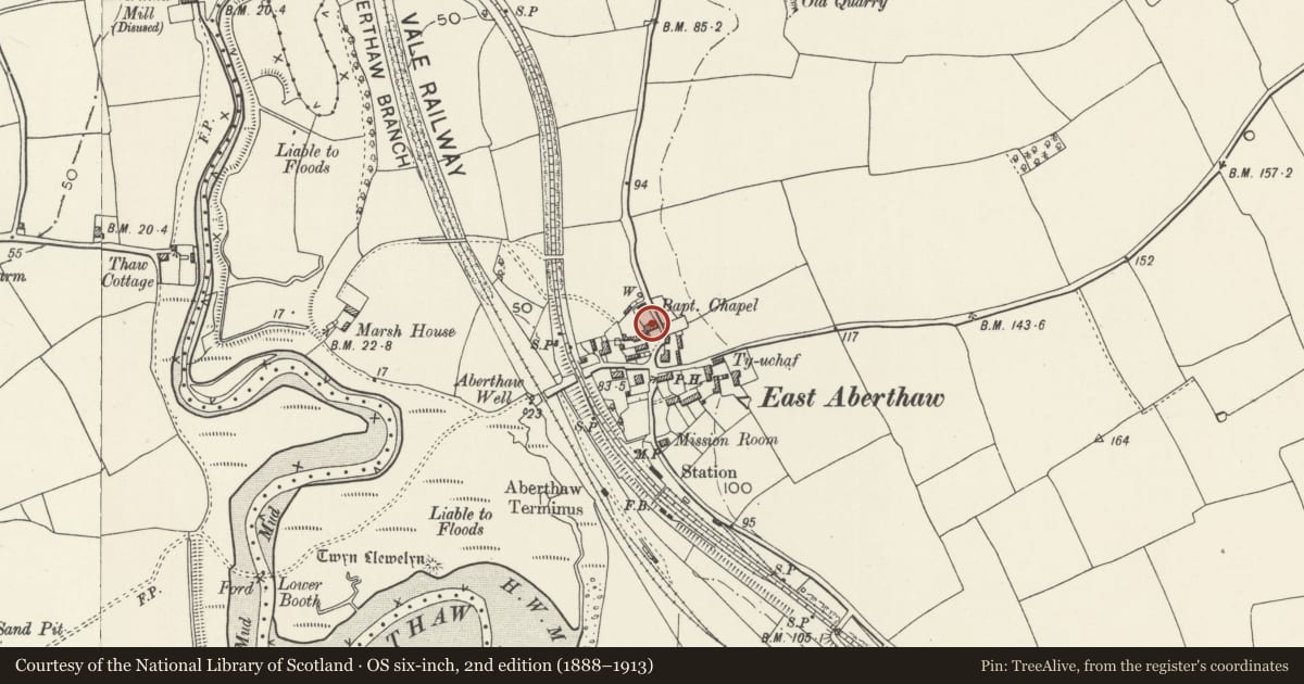 Ordnance Survey six-inch map, 2nd edition (1888–1913) covering the location of Marsh House, with attached garden wall, Rhoose, Vale of Glamorgan, with a pin at the register's coordinates