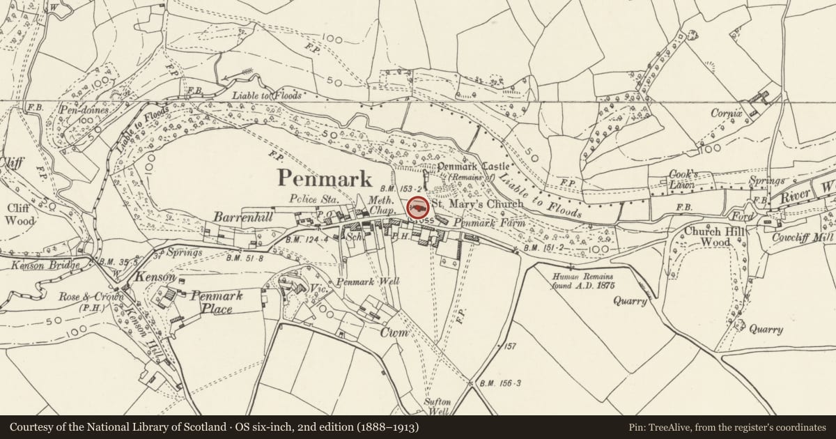 Ordnance Survey six-inch map, 2nd edition (1888–1913) covering the location of Church of St Mary, Rhoose, Vale of Glamorgan, with a pin at the register's coordinates