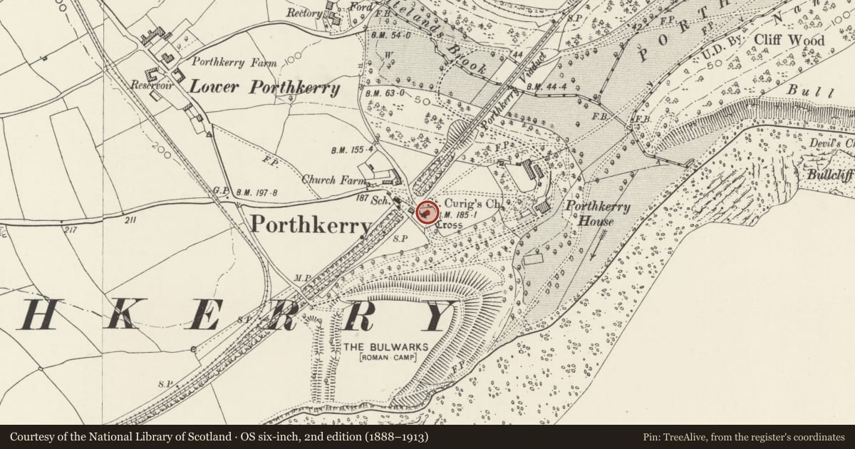 Ordnance Survey six-inch map, 2nd edition (1888–1913) covering the location of Church of St Curig, Rhoose, Vale of Glamorgan, with a pin at the register's coordinates