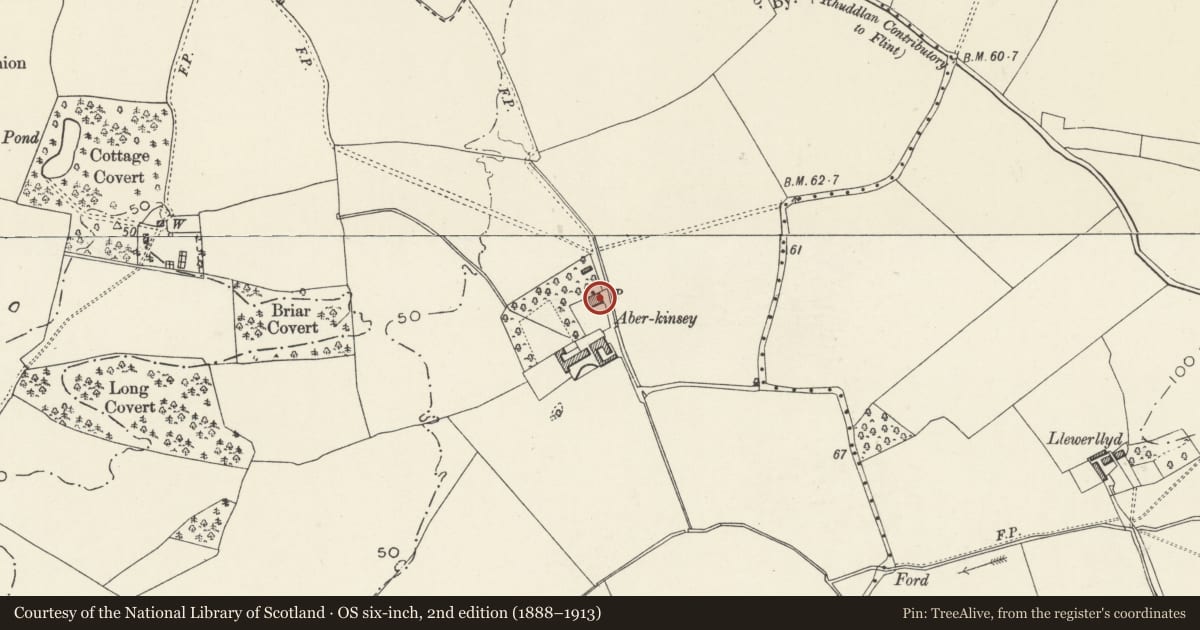 Ordnance Survey six-inch map, 2nd edition (1888–1913) covering the location of Aberkinsey Farmhouse, Rhuddlan, Denbighshire, with a pin at the register's coordinates