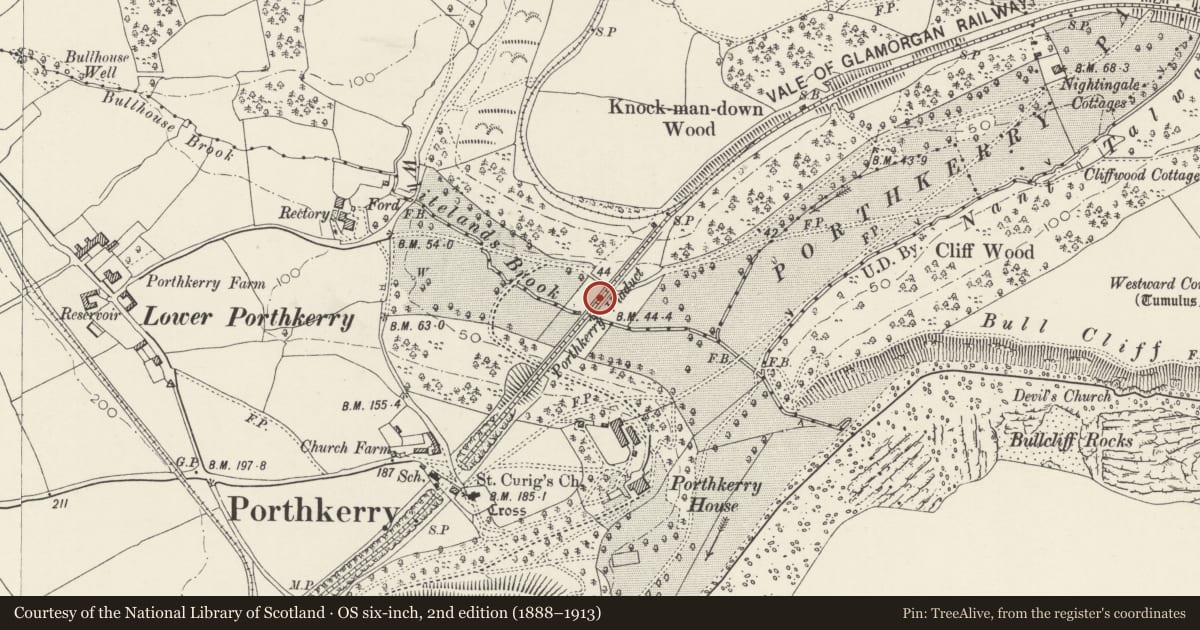 Ordnance Survey six-inch map, 2nd edition (1888–1913) covering the location of Porthkerry Railway Viaduct (partly in the Barry community), Rhoose, Vale of Glamorgan, with a pin at the register's coordinates
