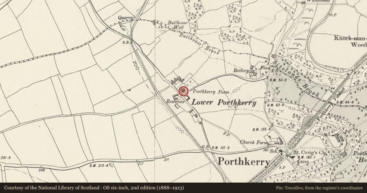 Ordnance Survey six-inch map, 2nd edition (1888–1913) covering the location of Upper Porthkerry Farmhouse, Rhoose, Vale of Glamorgan, with a pin at the register's coordinates