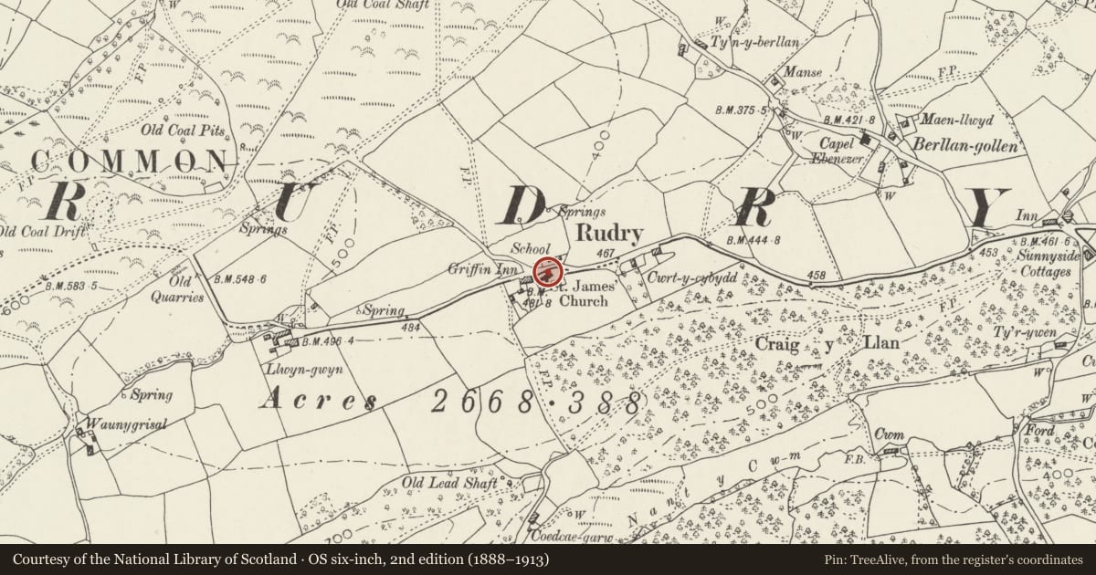 Ordnance Survey six-inch map, 2nd edition (1888–1913) covering the location of Church of St James, Rudry, Caerphilly, with a pin at the register's coordinates