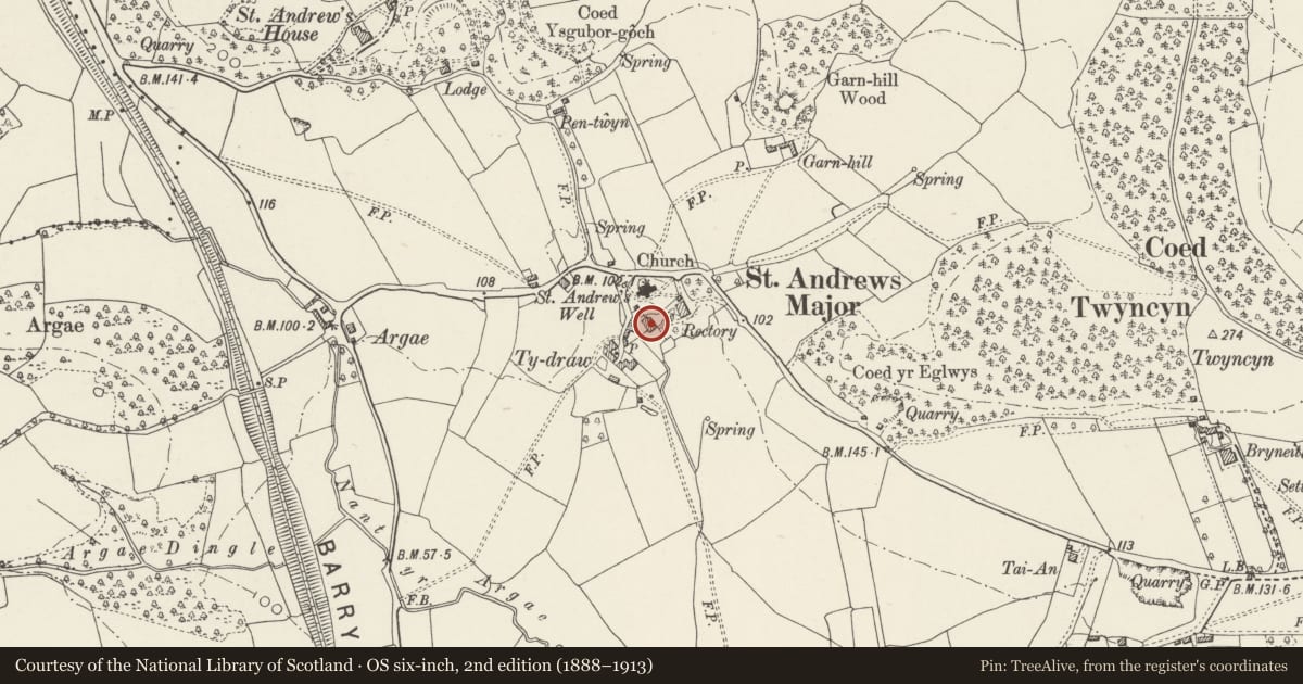 Ordnance Survey six-inch map, 2nd edition (1888–1913) covering the location of The Old Rectory, Dinas Powys, Vale of Glamorgan, with a pin at the register's coordinates