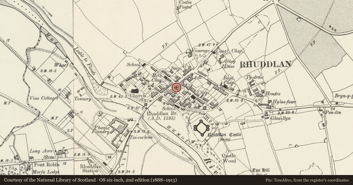 Ordnance Survey six-inch map, 2nd edition (1888–1913) covering the location of Belmont, Rhuddlan, Denbighshire, with a pin at the register's coordinates