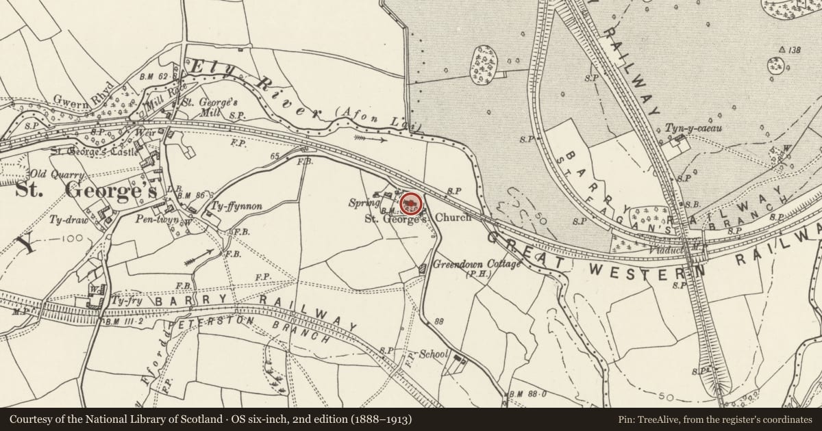 Ordnance Survey six-inch map, 2nd edition (1888–1913) covering the location of Church of St George, St. Georges-super-Ely, Vale of Glamorgan, with a pin at the register's coordinates