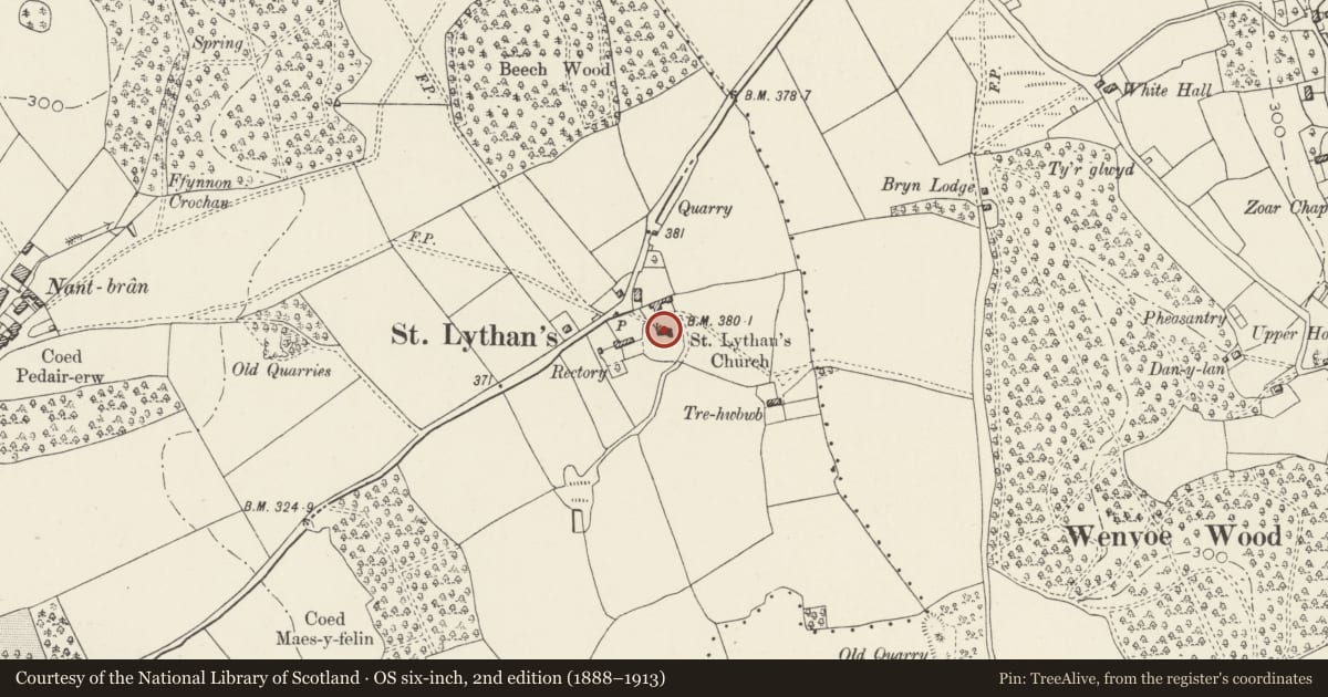 Ordnance Survey six-inch map, 2nd edition (1888–1913) covering the location of Church of St Bleiddian, Wenvoe, Vale of Glamorgan, with a pin at the register's coordinates