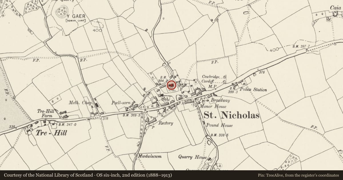 Ordnance Survey six-inch map, 2nd edition (1888–1913) covering the location of Parish Church of St Nicholas, St. Nicholas and Bonvilston, Vale of Glamorgan, with a pin at the register's coordinates