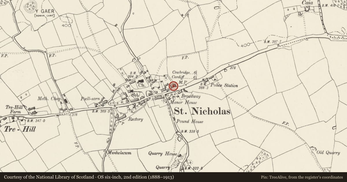 Ordnance Survey six-inch map, 2nd edition (1888–1913) covering the location of The Three Tuns, St. Nicholas and Bonvilston, Vale of Glamorgan, with a pin at the register's coordinates