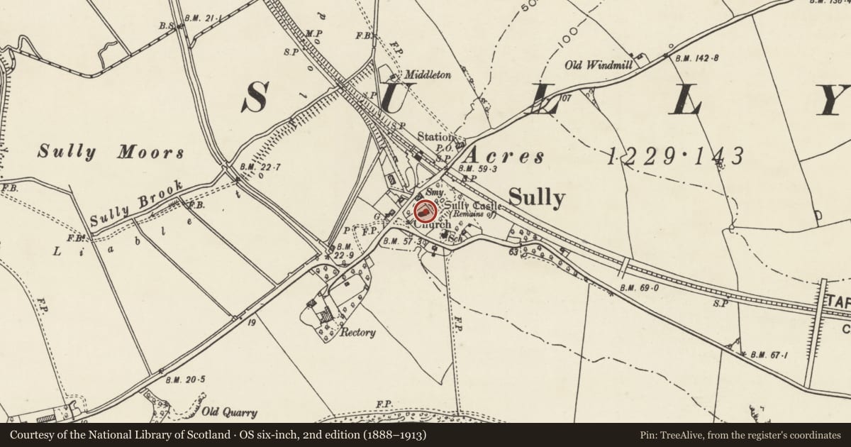Ordnance Survey six-inch map, 2nd edition (1888–1913) covering the location of Church of St John the Baptist, Sully, Vale of Glamorgan, with a pin at the register's coordinates