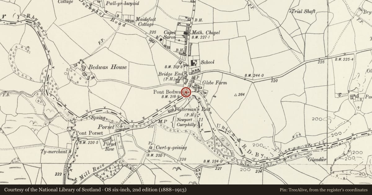 Ordnance Survey six-inch map, 2nd edition (1888–1913) covering the location of Pont Bedwas (partly in Bedwas, Trethomas and Machen community), Caerphilly, with a pin at the register's coordinates
