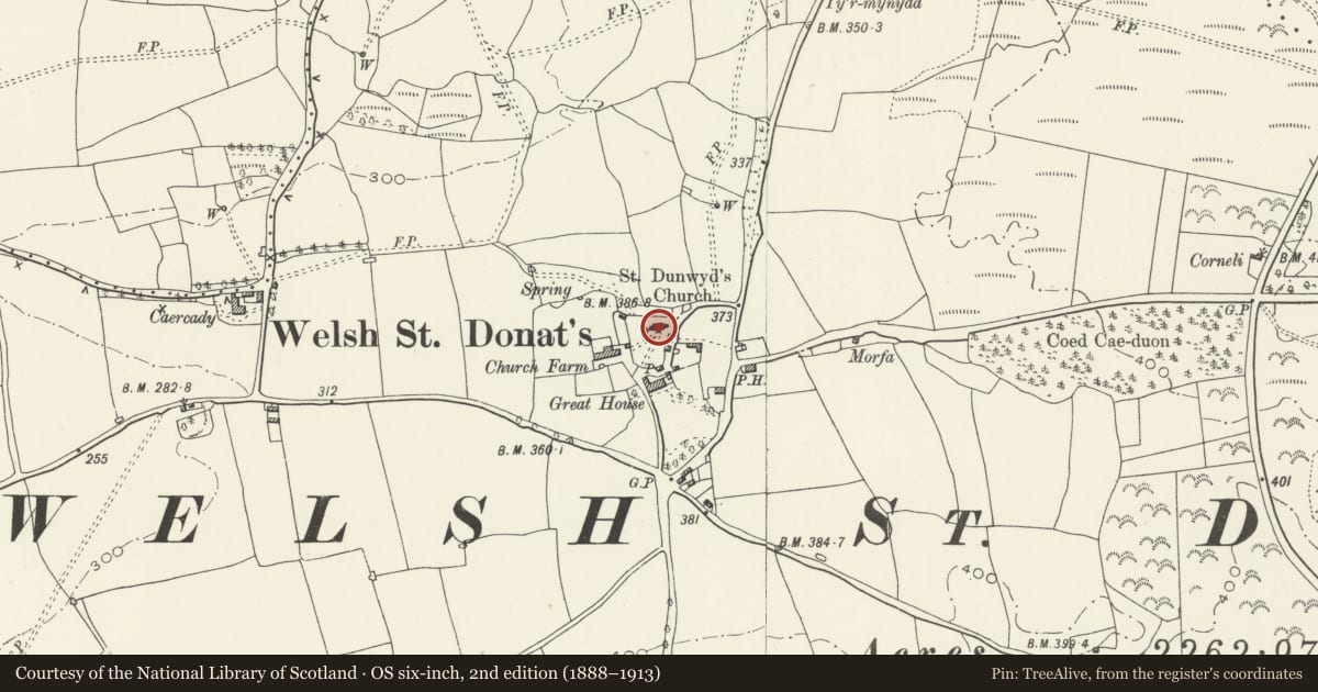 Ordnance Survey six-inch map, 2nd edition (1888–1913) covering the location of Church of St Donat, Welsh St. Donats, Vale of Glamorgan, with a pin at the register's coordinates