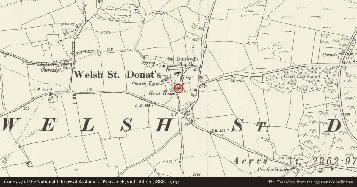 Ordnance Survey six-inch map, 2nd edition (1888–1913) covering the location of Great House, Welsh St. Donats, Vale of Glamorgan, with a pin at the register's coordinates
