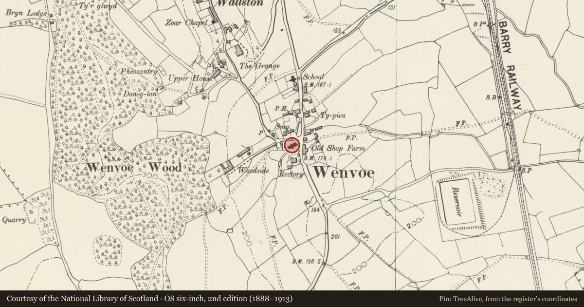 Ordnance Survey six-inch map, 2nd edition (1888–1913) covering the location of Church of St Mary, Wenvoe, Vale of Glamorgan, with a pin at the register's coordinates