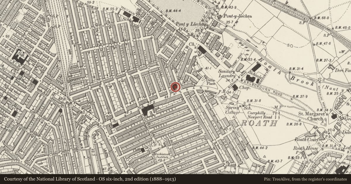 Ordnance Survey six-inch map, 2nd edition (1888–1913) covering the location of Former Albany Road Methodist Church, Roath, Cardiff, with a pin at the register's coordinates