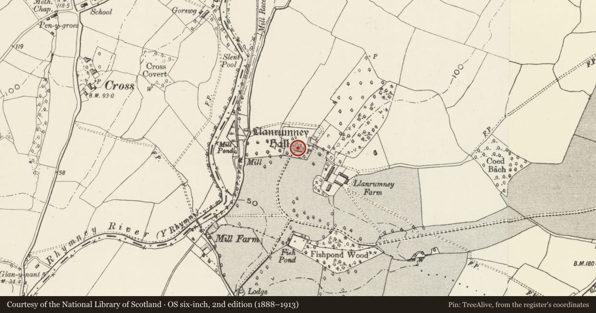 Ordnance Survey six-inch map, 2nd edition (1888–1913) covering the location of Llanrumney Hall PH, Cardiff, with a pin at the register's coordinates