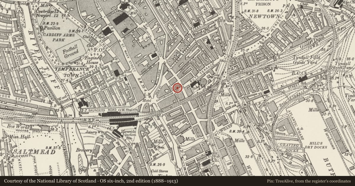 Ordnance Survey six-inch map, 2nd edition (1888–1913) covering the location of Golden Cross Public House, Castle, Cardiff, with a pin at the register's coordinates