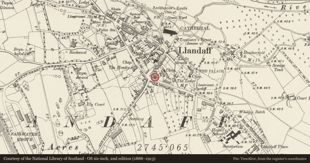Ordnance Survey six-inch map, 2nd edition (1888–1913) covering the location of The Old Probate Registry, Llandaff, Cardiff, with a pin at the register's coordinates