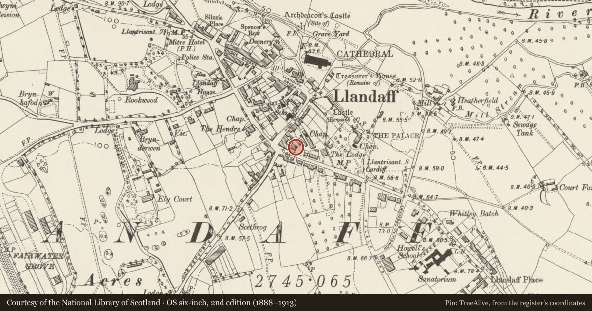 Ordnance Survey six-inch map, 2nd edition (1888–1913) covering the location of The Old Registry, Llandaff, Cardiff, with a pin at the register's coordinates